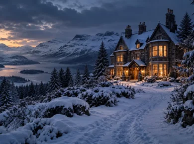Snow-covered Scottish Highlands lodge at dusk with warm lights, mountains and an isolated winter atmosphere
