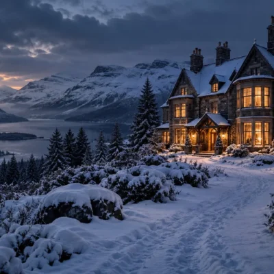Snow-covered Scottish Highlands lodge at dusk with warm lights, mountains and an isolated winter atmosphere