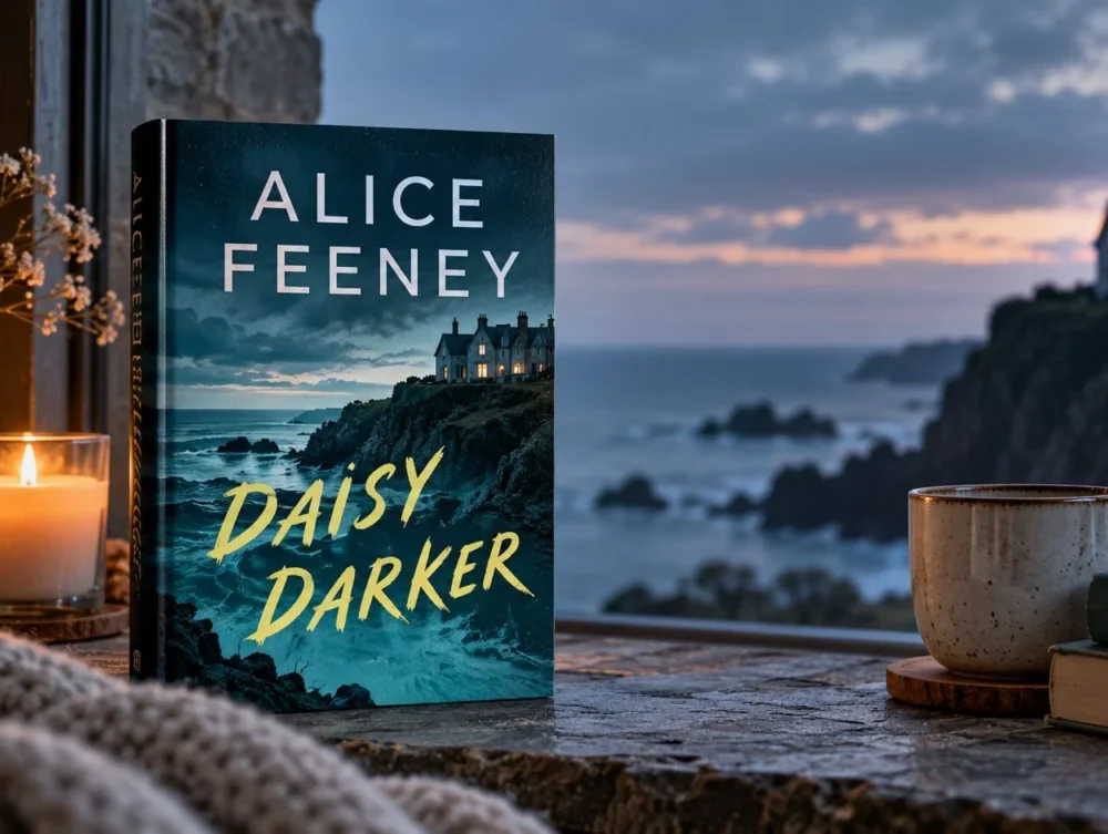 Daisy Darker by Alice Feeney displayed in a moody coastal reading scene with a remote island house, candlelight, coffee, and stormy sea views