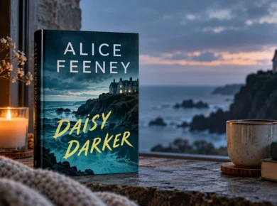 Daisy Darker by Alice Feeney displayed in a moody coastal reading scene with a remote island house, candlelight, coffee, and stormy sea views